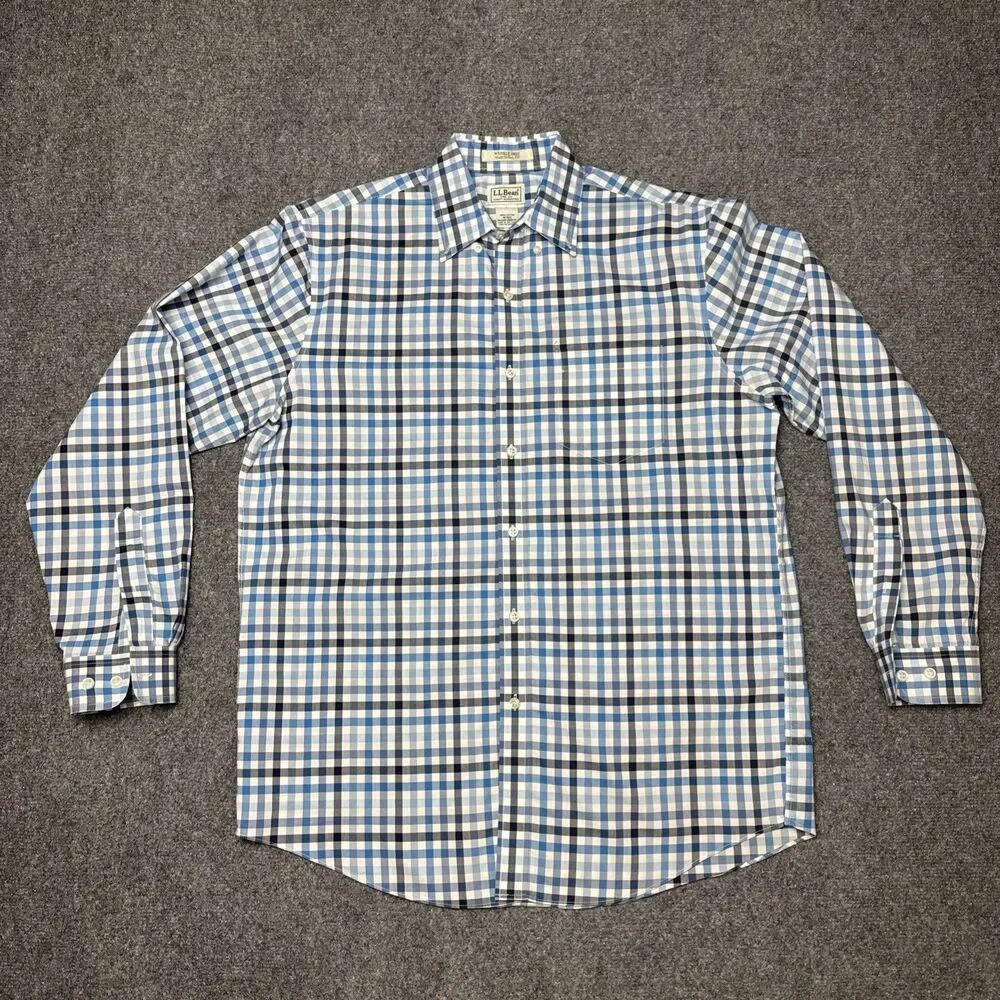 LL Bean Shirt Mens Medium Traditional Fit Blue Check Wrinkle-Free Kennebunk - Picture 2 of 5